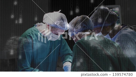 Performing surgical team operating in dim OR wearing gowns masks using tools with binary overlay Performing surgical team operating in dim OR wearing gowns masks using tools with binary overlay 139574780