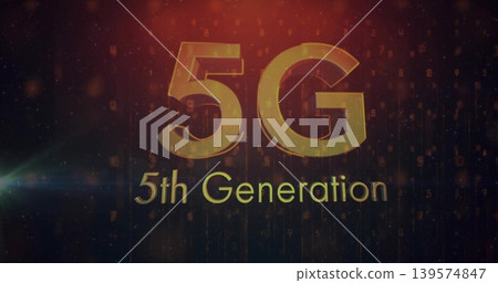 Showing bold gold 5G with 5th Gen subtitle on digital backdrop with numeric streams, lens-flare Showing bold gold 5G with 5th Gen subtitle on digital backdrop with numeric streams, lens-flare 139574847