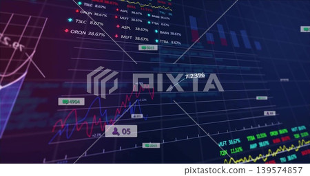 Showing dark tilted market dashboard displaying red blue yellow line charts, callout 7 Showing dark tilted market dashboard displaying red blue yellow line charts, callout 7 139574857