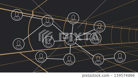 Linking central hub avatar node to white nodes, lines in tunnel, golden grid vanishing point right 139574866