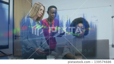 Analyzing three women reviewing laptop in office, clipboard, smartphone, wearing magenta scrubs Analyzing three women reviewing laptop in office, clipboard, smartphone, wearing magenta scrubs 139574886