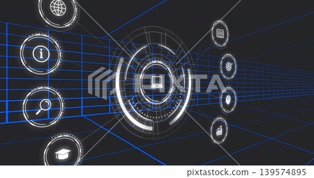 Floating futuristic circular interface displaying laptop icon in blue grid, with icon stacks Floating futuristic circular interface displaying laptop icon in blue grid, with icon stacks 139574895