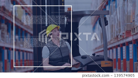 Operating forklift driver in yellow helmet grey vest scanning warehouse aisle with bins and overlay Operating forklift driver in yellow helmet grey vest scanning warehouse aisle with bins and overlay 139574905