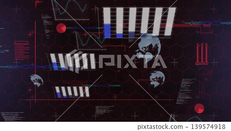 Displaying data cluster on control HUD, showing white bars, globes, cyan lines, red nodes, hex grid Displaying data cluster on control HUD, showing white bars, globes, cyan lines, red nodes, hex grid 139574918