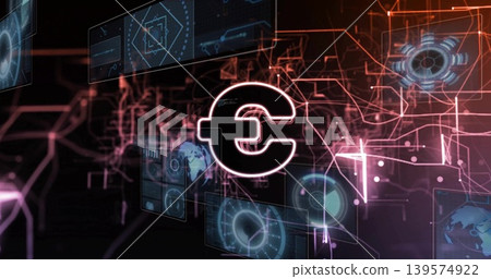 Glowing euro symbol pulsing in virtual fintech network, showing holographic UI panels and HUDs 139574922