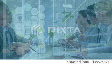 Discussing plans five professionals in suits collaborating in conference room with laptops, HUD Discussing plans five professionals in suits collaborating in conference room with laptops, HUD 139574975