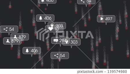 Floating UI notification bubbles over dark binary digits, showing icons counters and red accents Floating UI notification bubbles over dark binary digits, showing icons counters and red accents 139574980