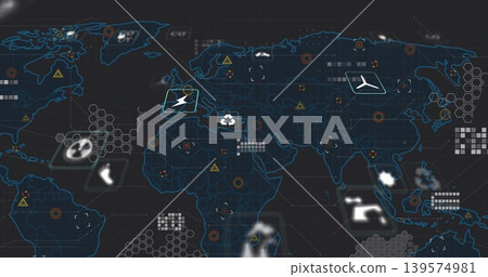 Displaying world map on operations dashboard, marking airplane, lightning, recycle, fan icons Displaying world map on operations dashboard, marking airplane, lightning, recycle, fan icons 139574981