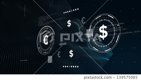 Glowing large dollar HUD dominating right fintech dashboard with euro HUD, arrows, mesh, copy space Glowing large dollar HUD dominating right fintech dashboard with euro HUD, arrows, mesh, copy space 139575005