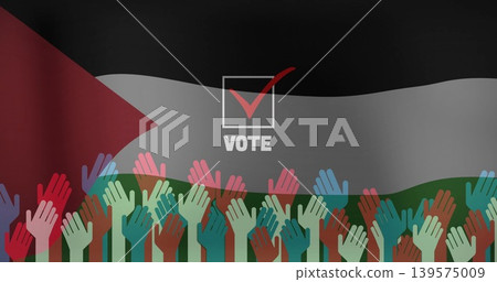 Displaying raised hands forming crowd on flag poster, with checkbox, red checkmark, VOTE 139575009