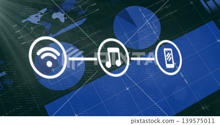 Floating three linked circle icons hovering over digital dashboard, with Wi-Fi, music, smartphone 139575011