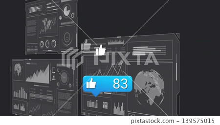 Glowing blue like bubble showing thumbs-up 83 hovering center of digital dashboard, with charts 139575015