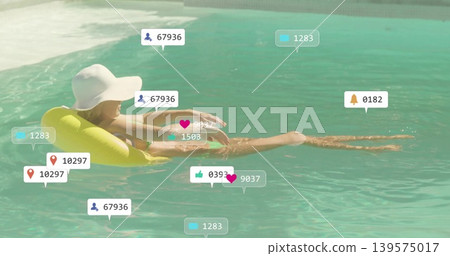 Floating woman wearing wide-brim hat and swimsuit in pool on yellow float with social overlays Floating woman wearing wide-brim hat and swimsuit in pool on yellow float with social overlays 139575017