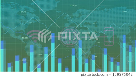 Displaying data dashboard on dotted world map with color bars, line graph, globe Wi?Fi phone icons Displaying data dashboard on dotted world map with color bars, line graph, globe Wi?Fi phone icons 139575042