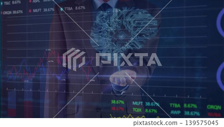 Presenting executive in dark suit and tie holding palm-up at fintech office, holo brain and charts Presenting executive in dark suit and tie holding palm-up at fintech office, holo brain and charts 139575045