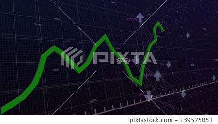 Displaying green 3D line chart flowing across purple grid plane, with axis, arrows, percent labels Displaying green 3D line chart flowing across purple grid plane, with axis, arrows, percent labels 139575051