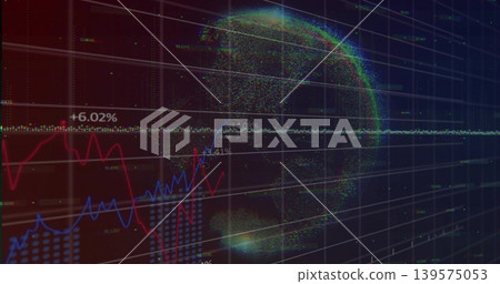 Animating 3D dotted globe rotating in virtual analytics display, with red and blue line charts Animating 3D dotted globe rotating in virtual analytics display, with red and blue line charts 139575053