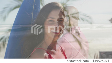 Smiling woman wearing red swimsuit by blue surfboard on beach, superimposed man in light pink shirt Smiling woman wearing red swimsuit by blue surfboard on beach, superimposed man in light pink shirt 139575071
