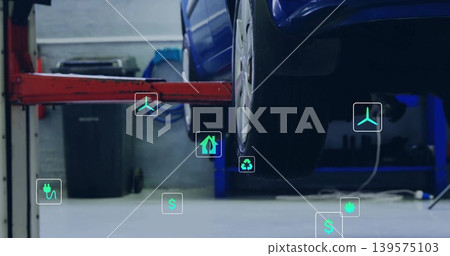 Showing blue car rear wheel being lifted on vehicle lift in garage, eco overlays, copy space Showing blue car rear wheel being lifted on vehicle lift in garage, eco overlays, copy space 139575103