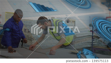 Measuring two men marking panels at shop bench wearing safety vest and blue jacket digital overlay Measuring two men marking panels at shop bench wearing safety vest and blue jacket digital overlay 139575113