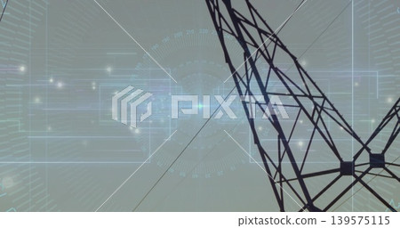 Towering steel lattice pylon spanning pale sky, showing HUD overlays, power lines, copy space Towering steel lattice pylon spanning pale sky, showing HUD overlays, power lines, copy space 139575115