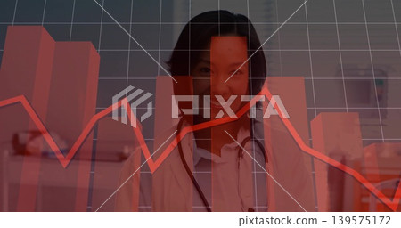 Standing doctor wearing white coat and stethoscope showing red charts in clinic, with bar graphs Standing doctor wearing white coat and stethoscope showing red charts in clinic, with bar graphs 139575172