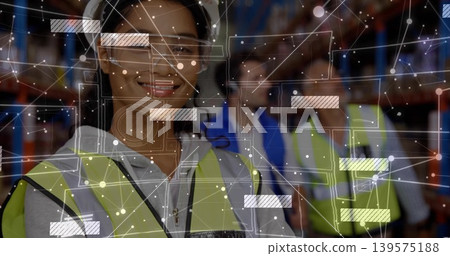 Smiling woman warehouse worker in hi-vis vest and headset checking stock on racks, with AR overlay Smiling woman warehouse worker in hi-vis vest and headset checking stock on racks, with AR overlay 139575188