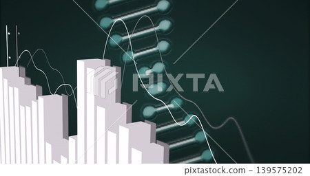 Displaying 3D bar chart columns rising at left in digital infographic, with DNA helix, copy space Displaying 3D bar chart columns rising at left in digital infographic, with DNA helix, copy space 139575202