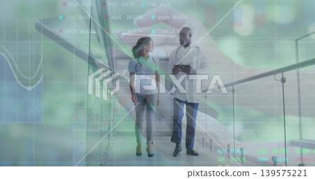 Walking clinician in lab coat and pregnant woman holding abdomen in clinic corridor, tablet HUD Walking clinician in lab coat and pregnant woman holding abdomen in clinic corridor, tablet HUD 139575221