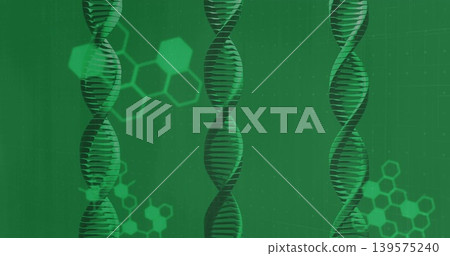 Displaying three vertical DNA helices floating in abstract lab illustration with hexagonal motifs Displaying three vertical DNA helices floating in abstract lab illustration with hexagonal motifs 139575240