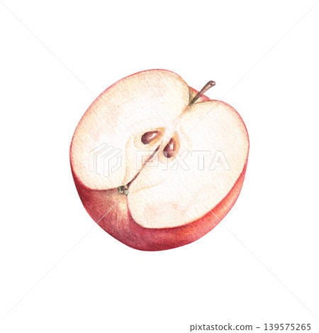 Half of red apple watercolor illustration isolated on white background. Sweet cut fruit with realistic detailing in vibrant colors Half of red apple watercolor illustration isolated on white background. Sweet cut fruit with realistic detailing in vibrant colors 139575265