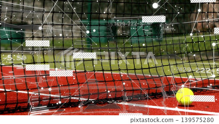 Sitting yellow tennis ball resting near net on red hard court, HUD overlay, copy space Sitting yellow tennis ball resting near net on red hard court, HUD overlay, copy space 139575280
