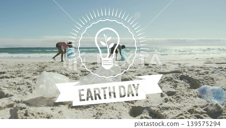 Collecting pair in pink, light blue picking up crushed bottle using blue bucket, Earth Day graphic Collecting pair in pink, light blue picking up crushed bottle using blue bucket, Earth Day graphic 139575294