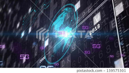 Displaying holographic globe rotating in dotted reticle on curved HUD, with repeating 5G tags 139575301