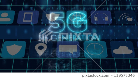 Glowing 5G label and subtitle hovering over virtual grid plane, with rounded app icons Glowing 5G label and subtitle hovering over virtual grid plane, with rounded app icons 139575346