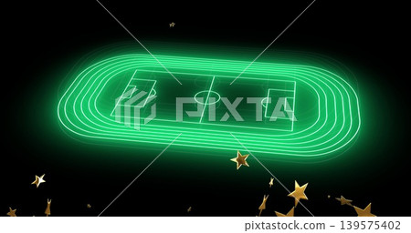 Glowing neon oval track enclosing soccer pitch on black void, emitting green halo and gold stars 139575402