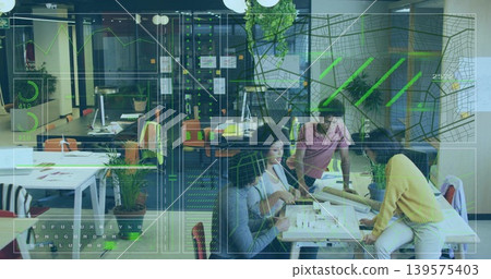 Collaborating designers in casual reviewing scale model and plans at coworking hub with AR overlay 139575403