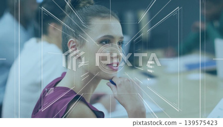 Holding pen, woman in sleeveless maroon top studying notes at conference table with HUD overlay Holding pen, woman in sleeveless maroon top studying notes at conference table with HUD overlay 139575423