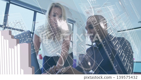 Two colleagues leaning over laptop, analyzing data in office with business attire and HUD graphics Two colleagues leaning over laptop, analyzing data in office with business attire and HUD graphics 139575432
