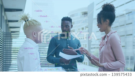 Discussing team in teal shirt pink blouse white shirt on office terrace, tablet papers code overlay Discussing team in teal shirt pink blouse white shirt on office terrace, tablet papers code overlay 139575433
