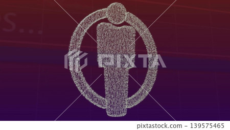 Displaying central wireframe humanoid icon forming from particles on UI, with ring and left text 139575465