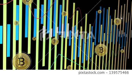 Bitcoin graphic filling dark trading screen, showing gold coins, green cyan bars, candlesticks Bitcoin graphic filling dark trading screen, showing gold coins, green cyan bars, candlesticks 139575466