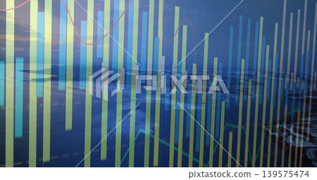 Displaying translucent vertical bar chart overlaying aerial coast, with grid and line graphs 139575474