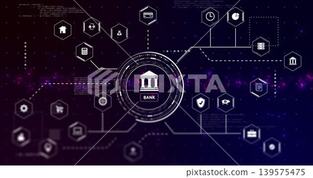 Showing central HUD bank building icon labeled BANK in virtual network with hex icons, nodes, code 139575475