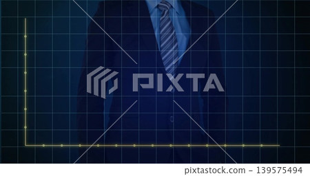 Standing mid adult man in dark suit and striped tie on presentation dashboard grid, glowing axes Standing mid adult man in dark suit and striped tie on presentation dashboard grid, glowing axes 139575494