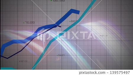 Displaying teal blue rising, navy jagged, thin black lines on grid with labels, green or red triangl Displaying teal blue rising, navy jagged, thin black lines on grid with labels, green or red triangl 139575497