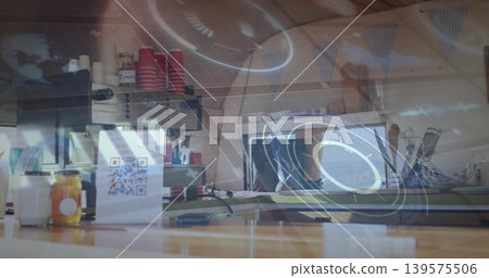 Showing countertop coffee station at cafe with espresso machine, QR code sign, red cups, tablet Showing countertop coffee station at cafe with espresso machine, QR code sign, red cups, tablet 139575506