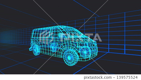 Displaying cyan wireframe van model rotating in 3D studio, with floor grid and vanishing point Displaying cyan wireframe van model rotating in 3D studio, with floor grid and vanishing point 139575524