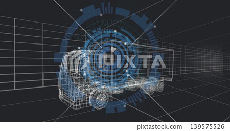Rendering wireframe tractor-trailer model highlighting wheels, chassis and HUD overlay in 3D studio 139575526