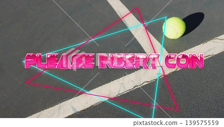 Showing PLEASE INSERT COIN on asphalt court with tennis ball shadow, lines, cyan-magenta triangles 139575559